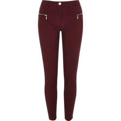Red twill zip skinny trousers